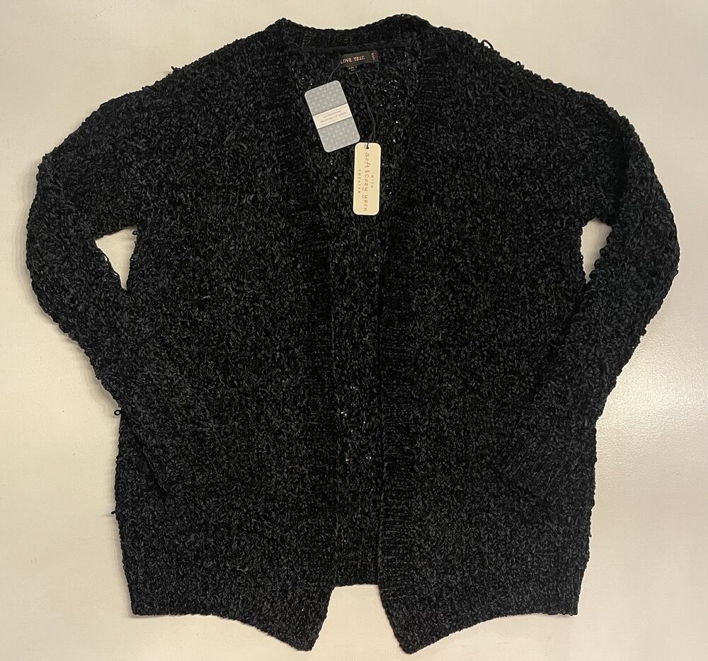 NWT Love Tree Shaggy Yarn Open Cardigan Sweater Duster Pockets Black Large